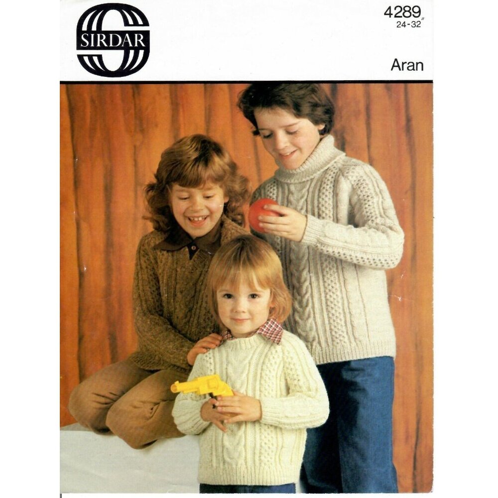 Vintage Knitting Pattern Boy Girl Cable Sweater 24" to 32"  Sirdar #4289
